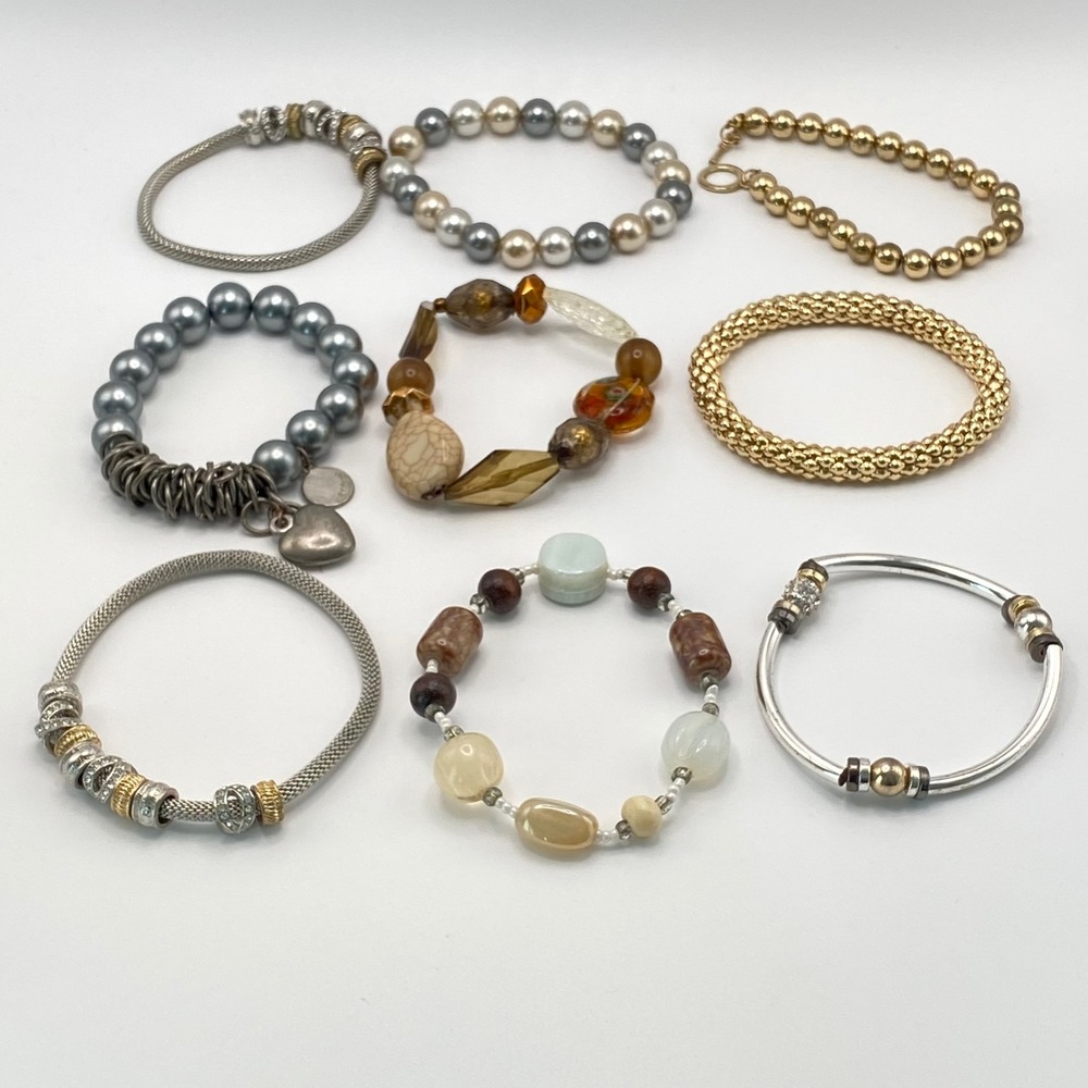 Vintage Bracelet Lot of 9 Mixed Metal Faux Pearl Beaded Estate Gold Silver Tone
